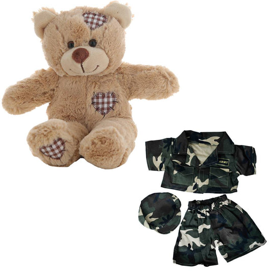 Brown Patches Bear 8 Inch Plush with Army Green Outfit & Hat