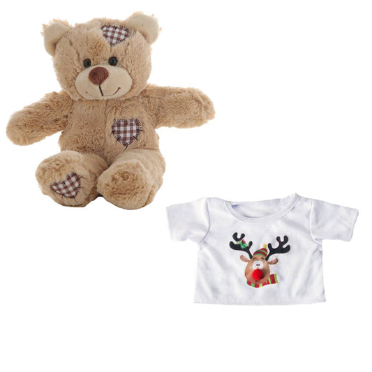 Brown Bear 8 Inch in Reindeer T-Shirt with Red Puff Nose