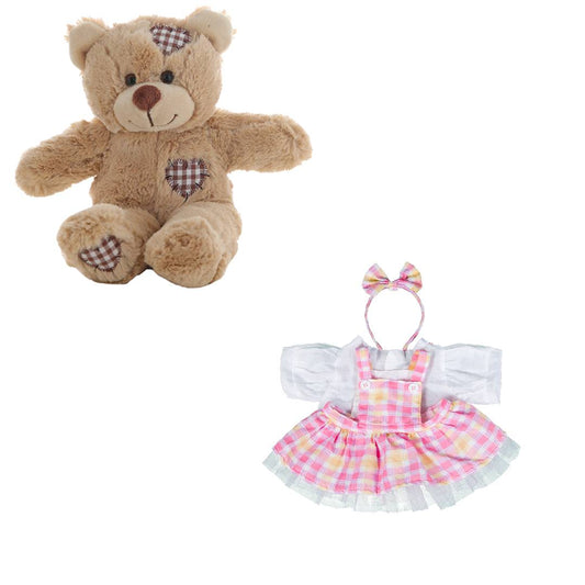 8 Inch Brown Bear Plush with Plaid Pinafore & Bow Headband