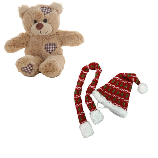 8 Inch Brown Bear Plush with Festive Knit Hat & Scarf – 16 Inch