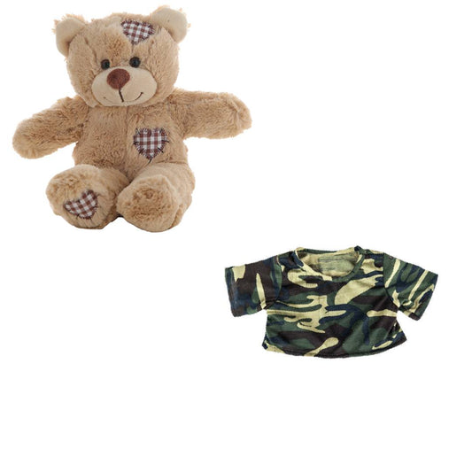 8 Inch Brown Bear Plush with Camo T-Shirt Outfit – 16 Inch