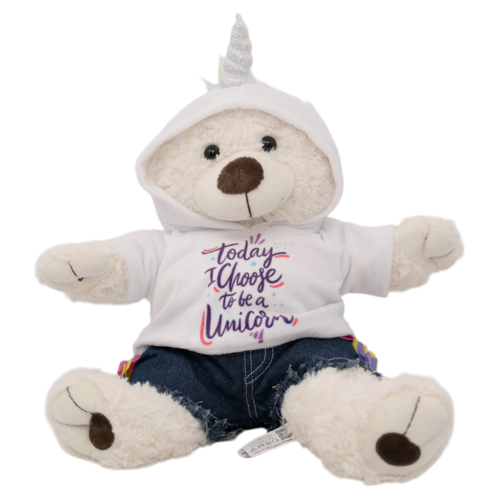 Unicorn hoodie with jean shorts outfit for 16-inch stuffed toy, cute and stylish plush toy clothing set