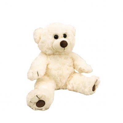 Close-up of Amelia White Twist Bear featuring soft plush material and adorable face.