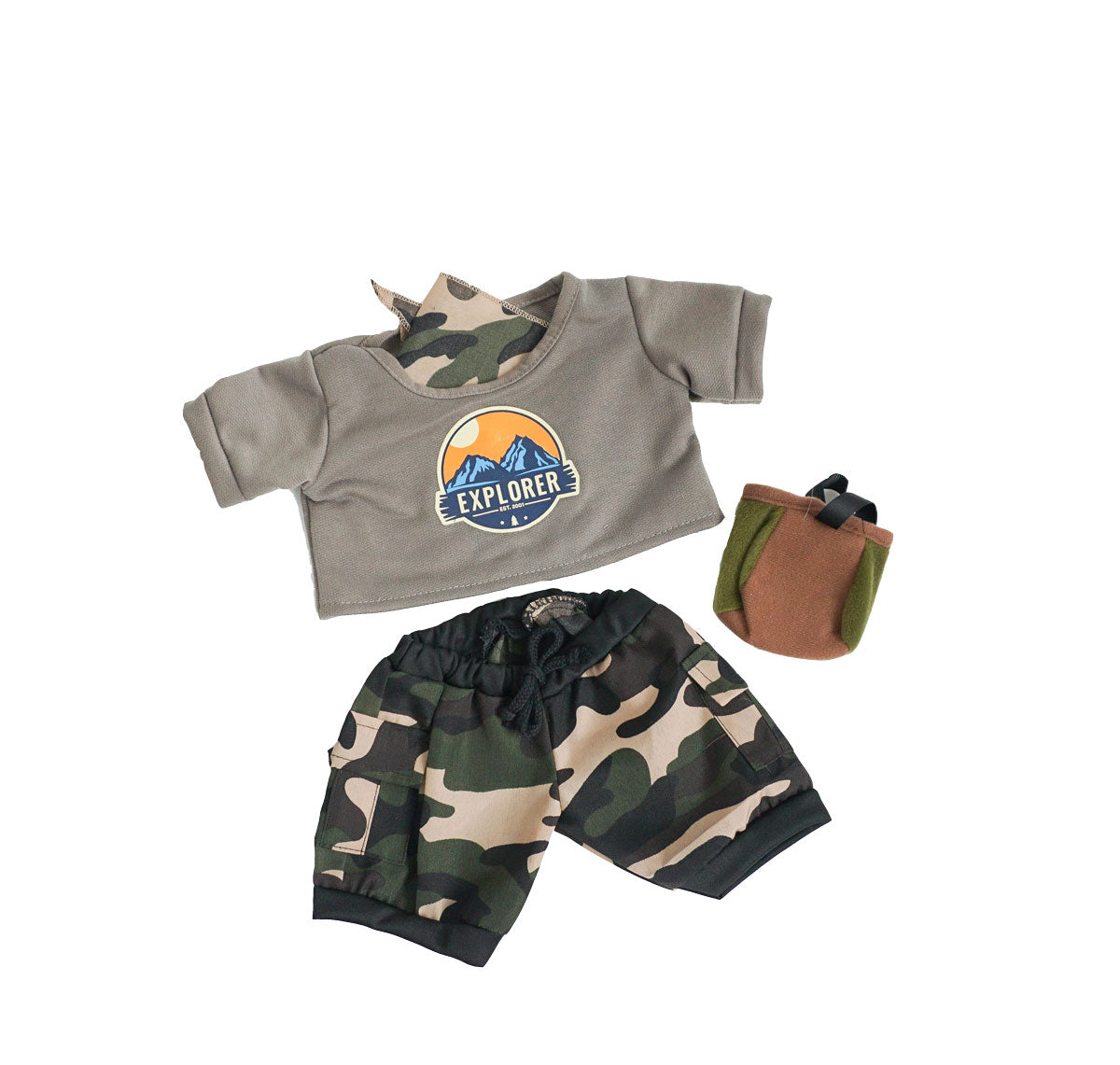 Explorer costume set for plush animals, including a shirt, shorts, and hat